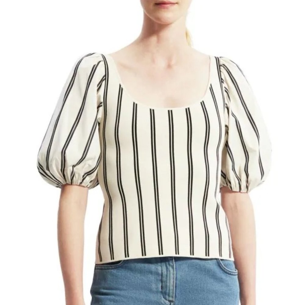Theory Puff Sleeve Top in Striped Stretch Knit